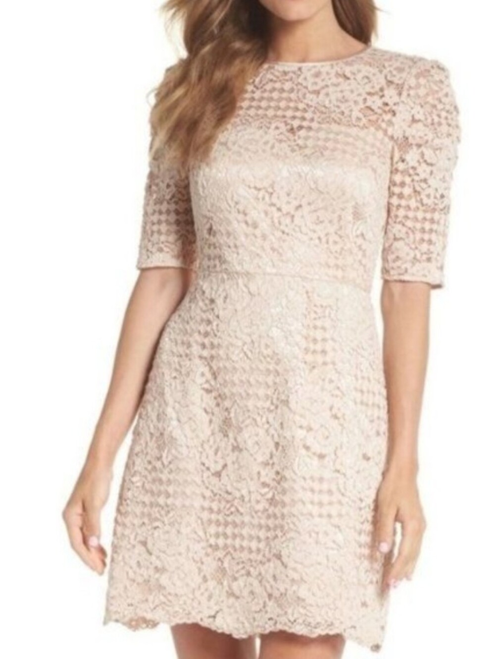 Chelsea28 light blush pink lace overlay dress